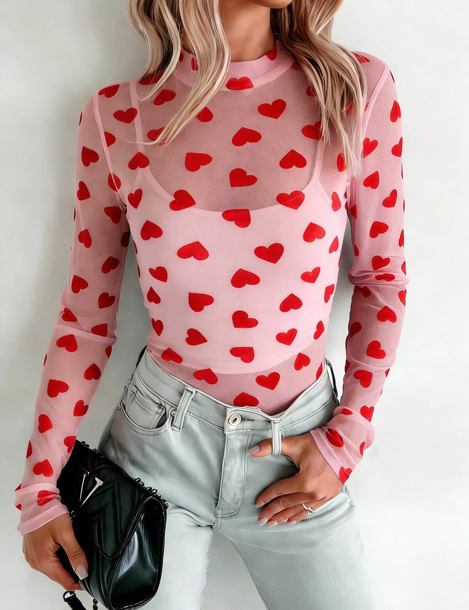 Valentines Heart Printed Sheer Mesh Long Sleeve Top: Black / S