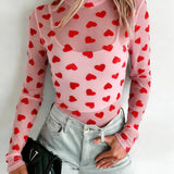 Valentines Heart Printed Sheer Mesh Long Sleeve Top: Pink / S