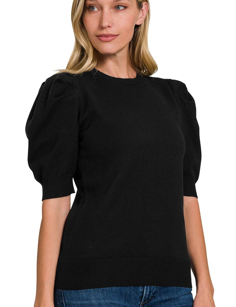,,..SI-25003 Viscose Puff Short Sleeve Sweater: H BEIGE-170996 / L