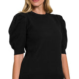 ,,..SI-25003 Viscose Puff Short Sleeve Sweater: H BEIGE-170996 / L