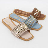 CHRISSY ROUND STUD EMBELLISHED SQUARE TOE SLIP ON SANDAL: White / A12