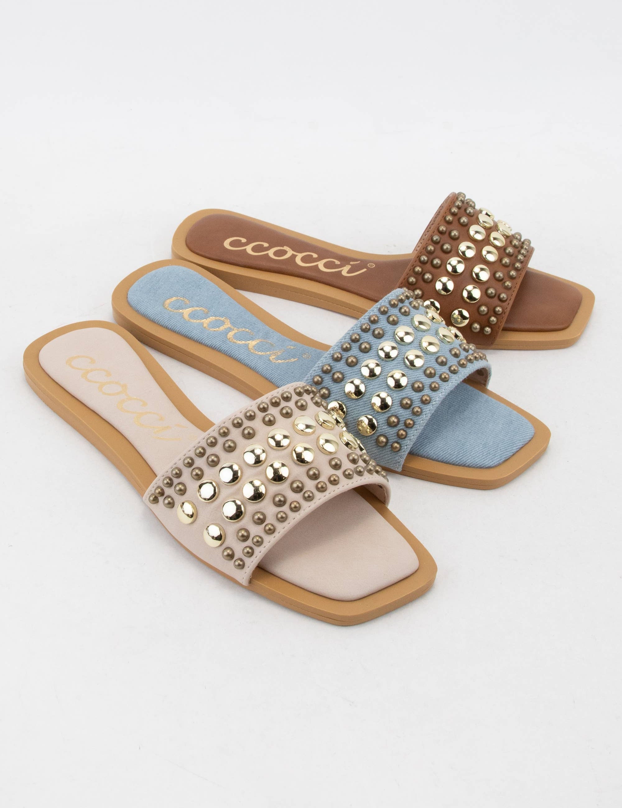 CHRISSY ROUND STUD EMBELLISHED SQUARE TOE SLIP ON SANDAL: White / A12