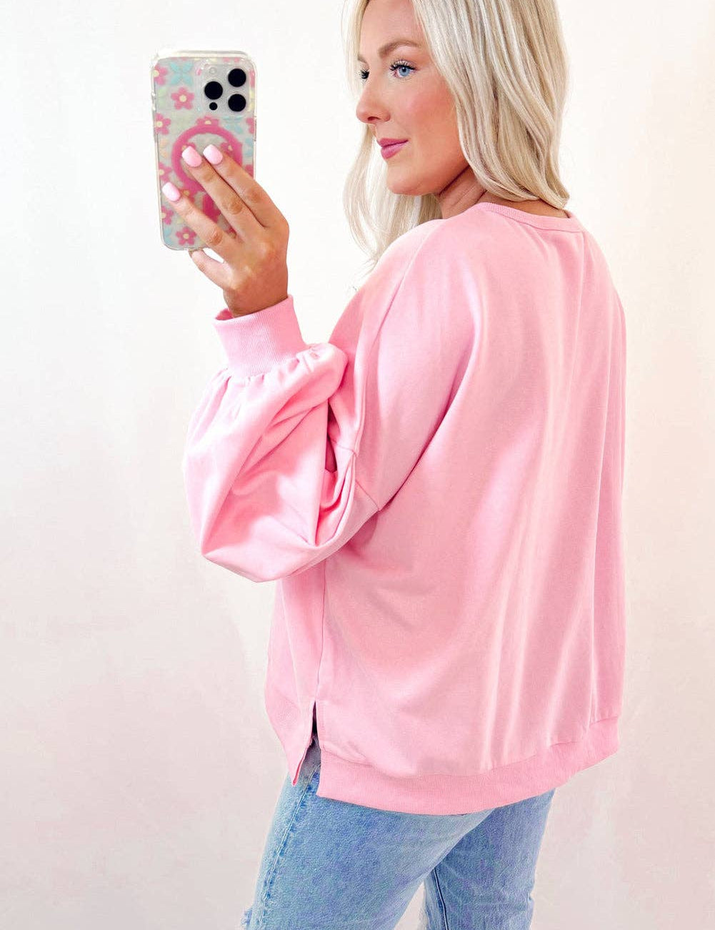 Embroidered Bow Lantern Sleeve Oversized Pullover Sweatshirt: Light Pink / 65%Polyester+35%Cotton / M