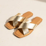 Cross Strap Slide Sandals Minimal Leather Flat Slide