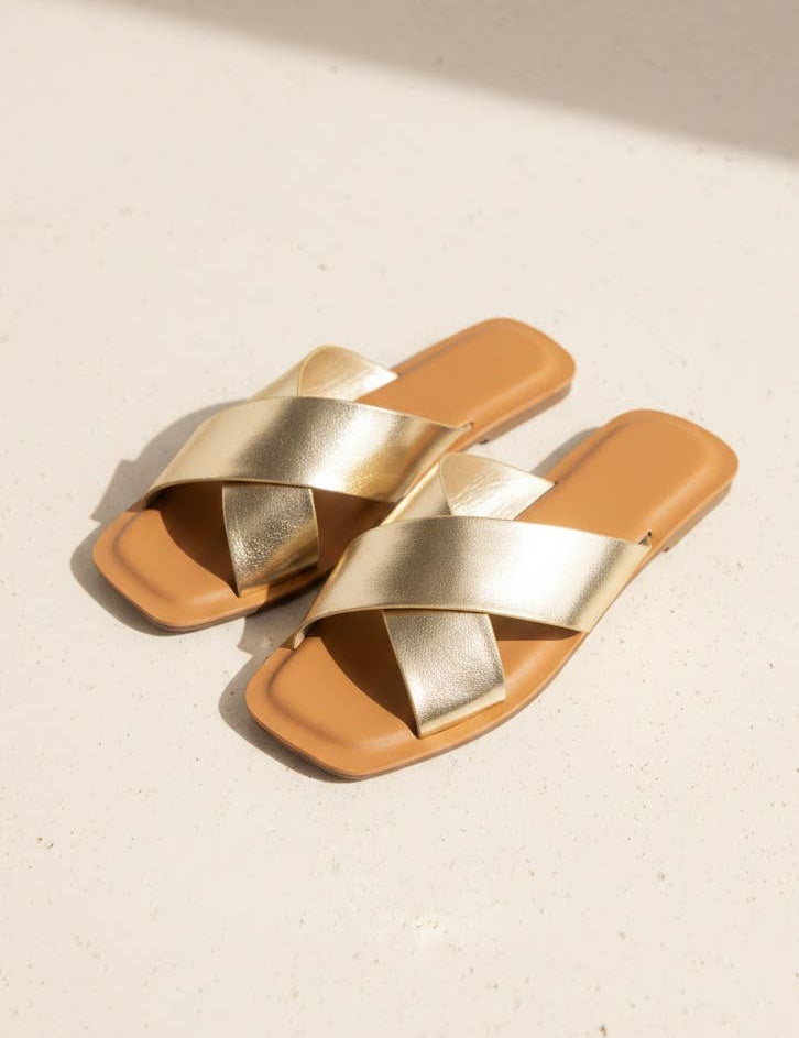 Cross Strap Slide Sandals Minimal Leather Flat Slide