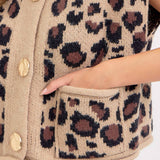 LEOPARD PRINT KNIT BUTTON-UP SWEATER TOP: TAUPE / Contemporary / L
