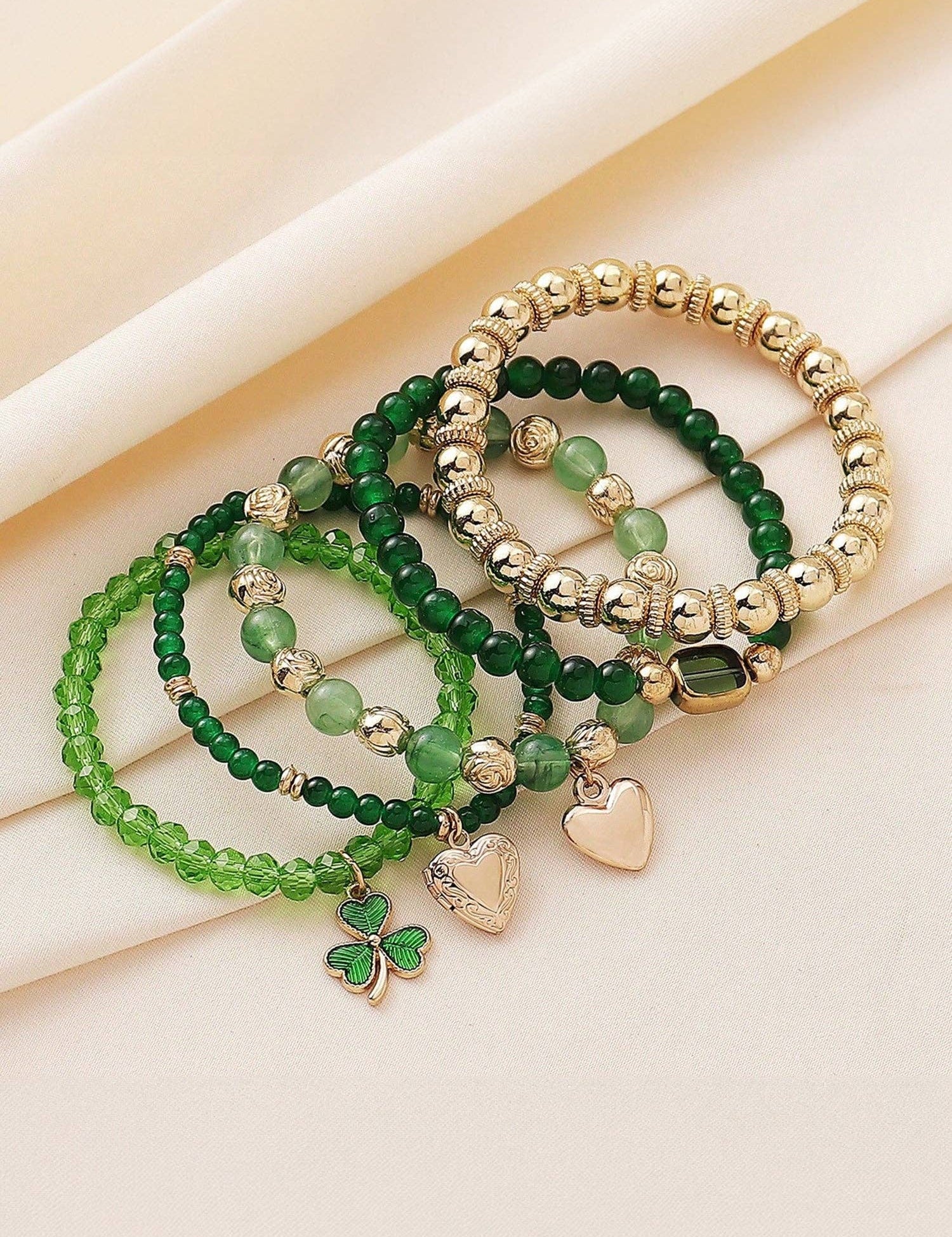 Green 5pcs St Patrick Lucky Beading Heart Charm Bracelets Set: Green / 100%PMMA / ONE SIZE