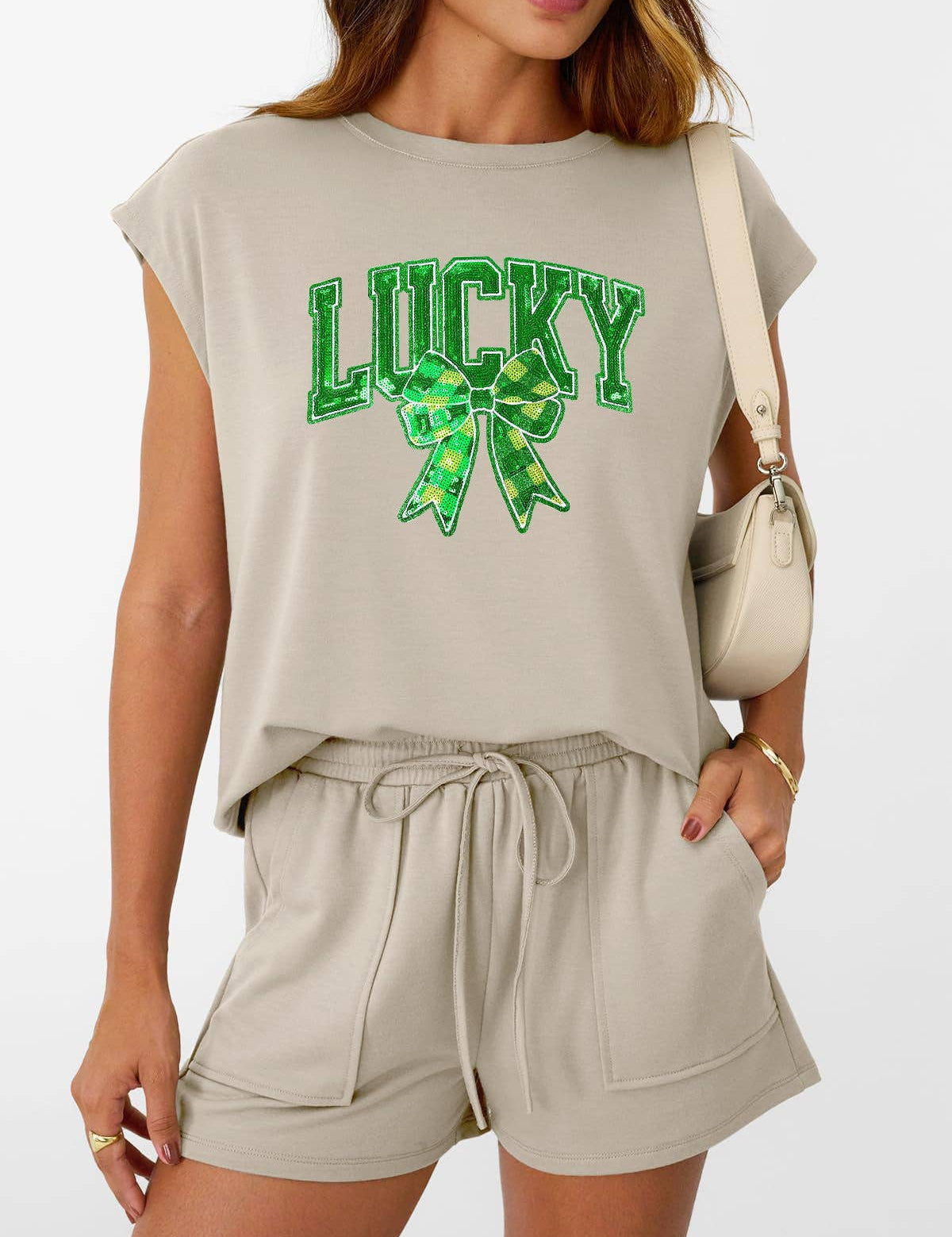 St Patricks Day Lucky Sequin Bow Two Piece Set: Black / 65%Polyester  30%Viscose   5%Elastane / XL