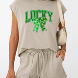St Patricks Day Lucky Sequin Bow Two Piece Set: Black / 65%Polyester  30%Viscose   5%Elastane / XL