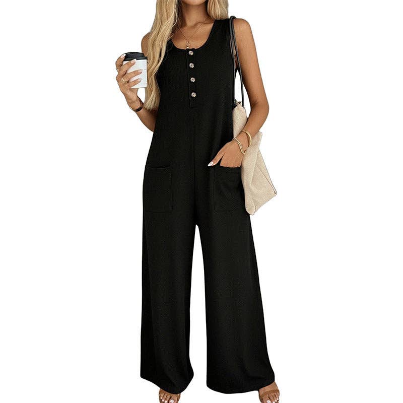 Spring Summer Casual Loose Strap Jumpsuit for Women: Black / 95% Polyester+5% Spandex / XL