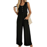 Spring Summer Casual Loose Strap Jumpsuit for Women: Black / 95% Polyester+5% Spandex / XL