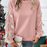 Crew Neck Pullover Top 3D Bowknot Trim Loose Sweatshirts: Pink / 100%polyester / XL