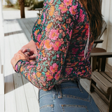 Spring Western Retro Floral Printed Mock Neck Mesh Top (S-4X: Multi-Colored / 1X