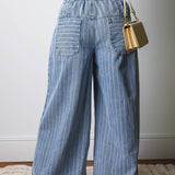 Stripe Button Pleated Drawstring Waist Casual Wide Leg Jeans: Blue / 14