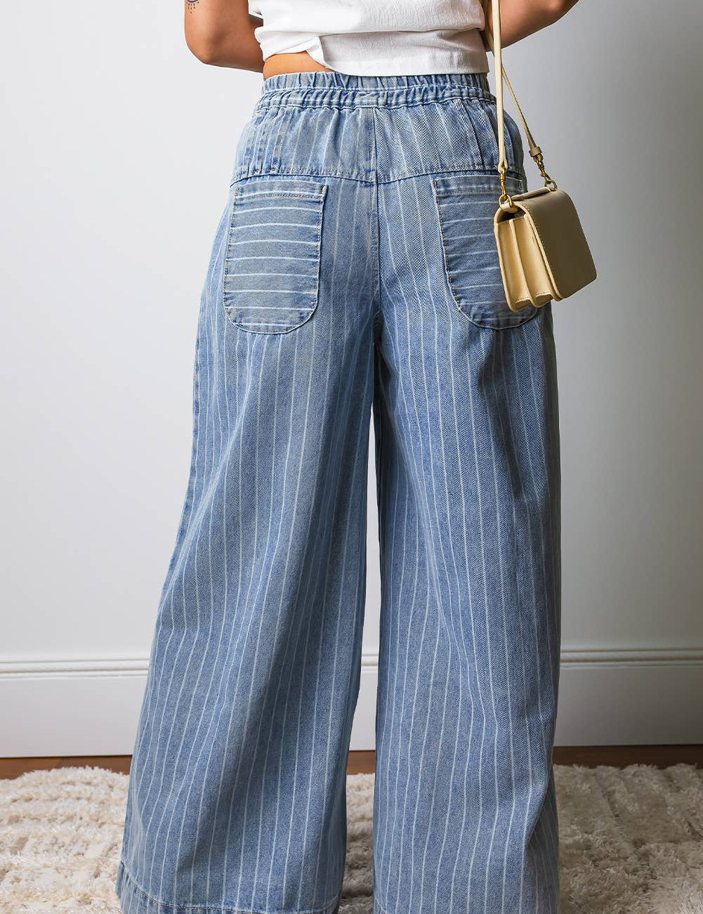 Stripe Button Pleated Drawstring Waist Casual Wide Leg Jeans: Blue / 10