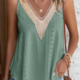 Multicolor Lace Crochet Splicing V Neck Loose Fit Tank Top: Mist Green / 95%Polyester+5%Elastane / M