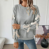 Crew Neck Pullover Top 3D Bowknot Trim Loose Sweatshirts: Pink / 100%polyester / S