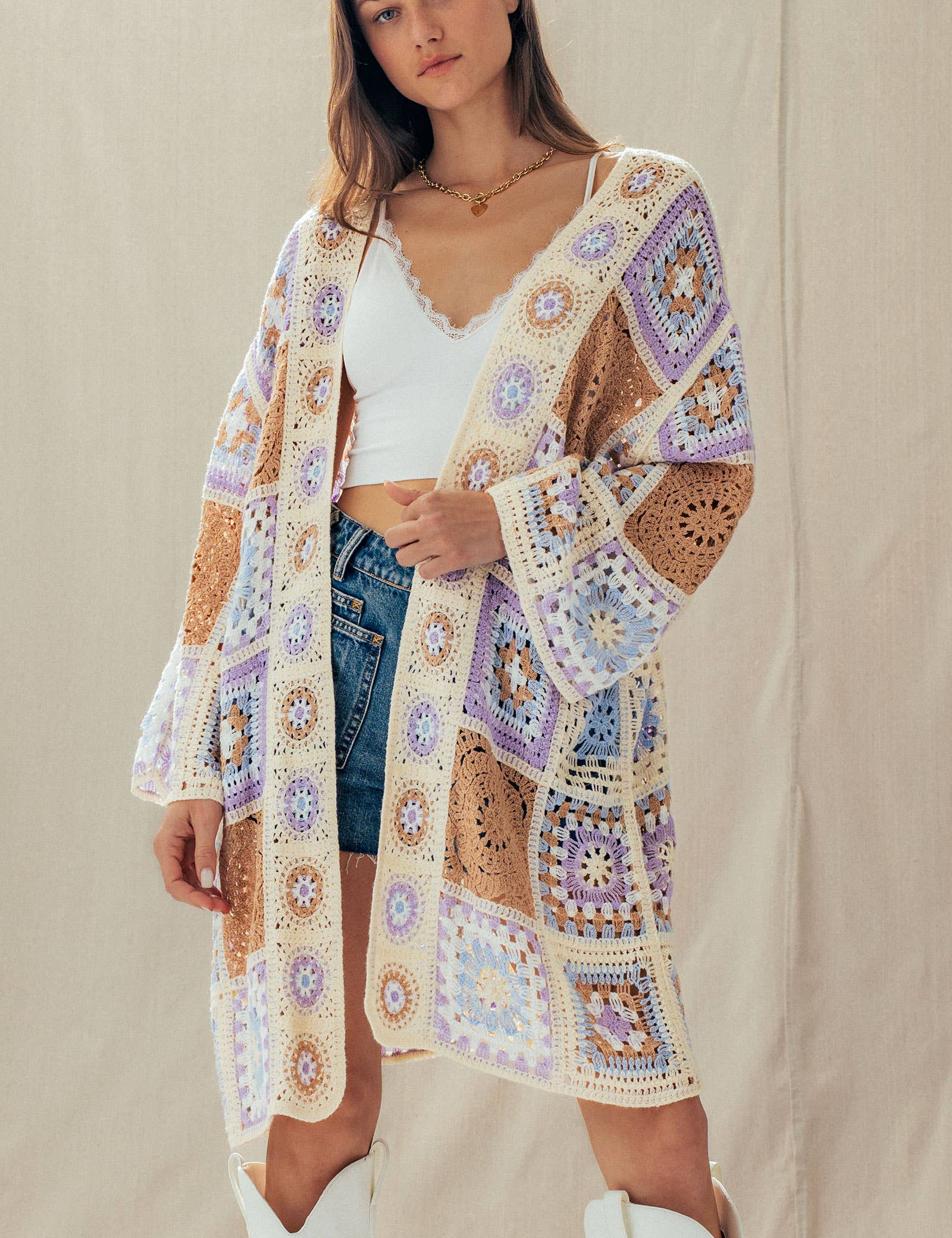 Granny Square Crochet Patchwork Duster Cardigan