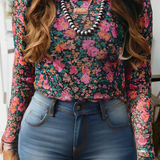 Spring Western Retro Floral Printed Mock Neck Mesh Top (S-4X: Multi-Colored / S