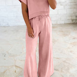 Solid Color Loose Tee Drawstring Wide Leg Pants 2pcs Outfit: Clearly Aqua / S