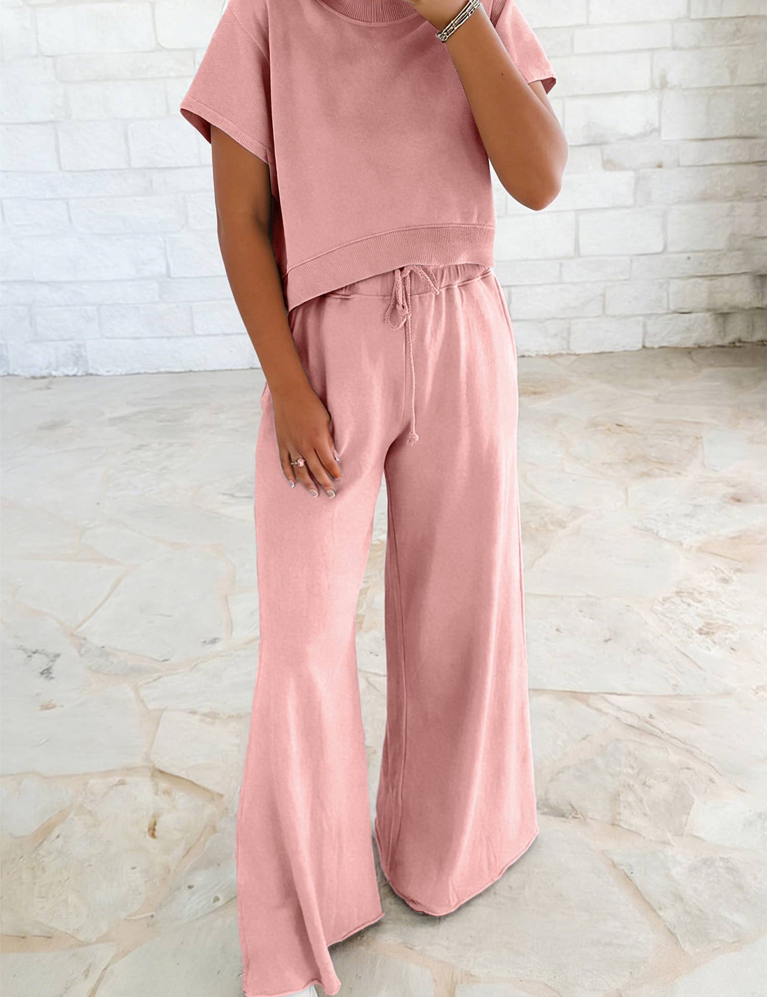 Solid Color Loose Tee Drawstring Wide Leg Pants 2pcs Outfit: Clearly Aqua / L