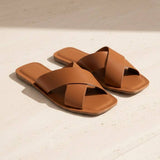 Cross Strap Slide Sandals Minimal Leather Flat Slide