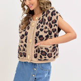 LEOPARD PRINT KNIT BUTTON-UP SWEATER TOP: TAUPE / Contemporary / M