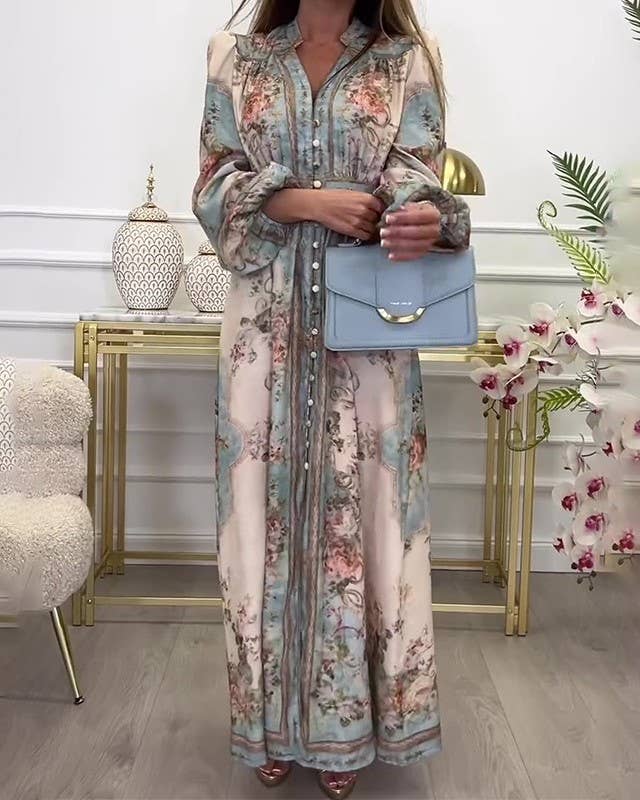 Vintage Boho Floral Print Pleated Dress: Decor / M