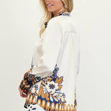 Printed Border-Print Long Sleeve Button-Down Blouse: Mustard-Navy / XS