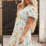 Beige Floral Print Shirred High Waist Puff Sleeve Mini Dress: Beige L