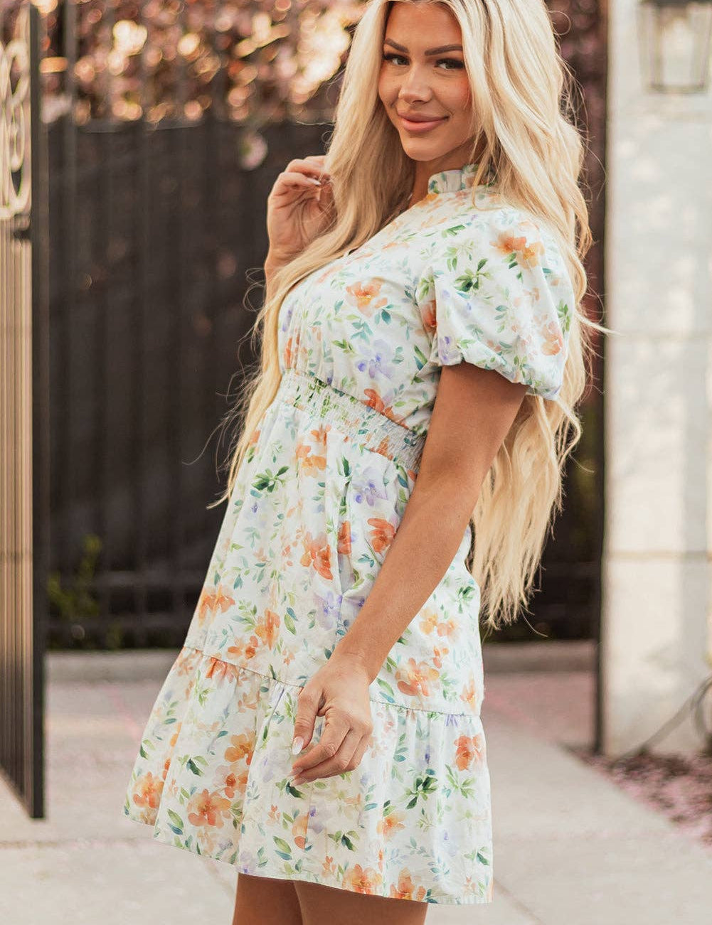 Beige Floral Print Shirred High Waist Puff Beige M
