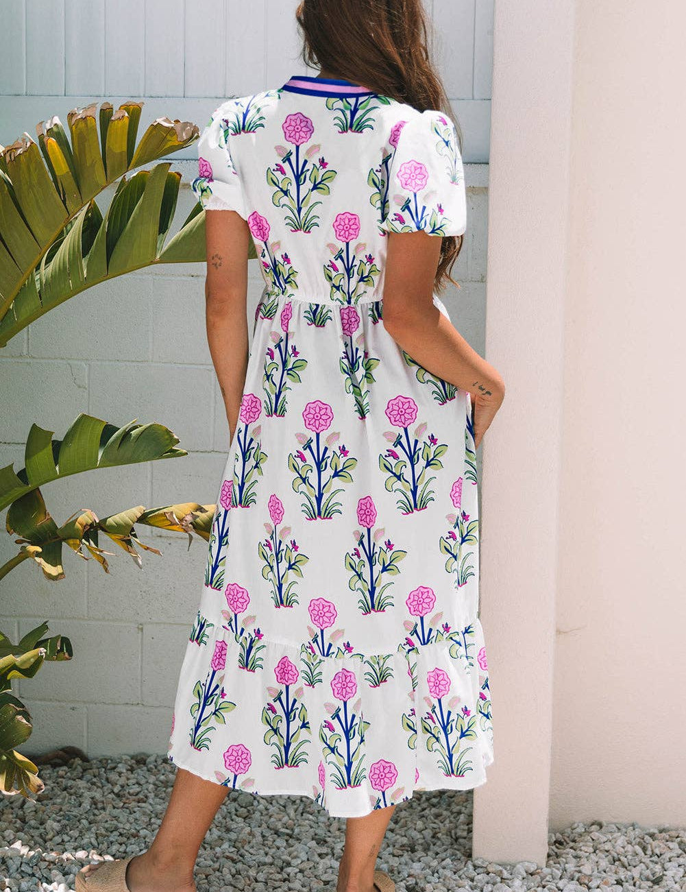 White Floral Puff Short Sleeve V Neck High Waist Maxi Dress: White S