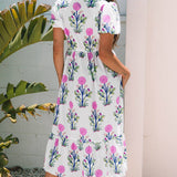 White Floral Puff Short Sleeve V Neck High Waist Maxi Dress: Blue XL