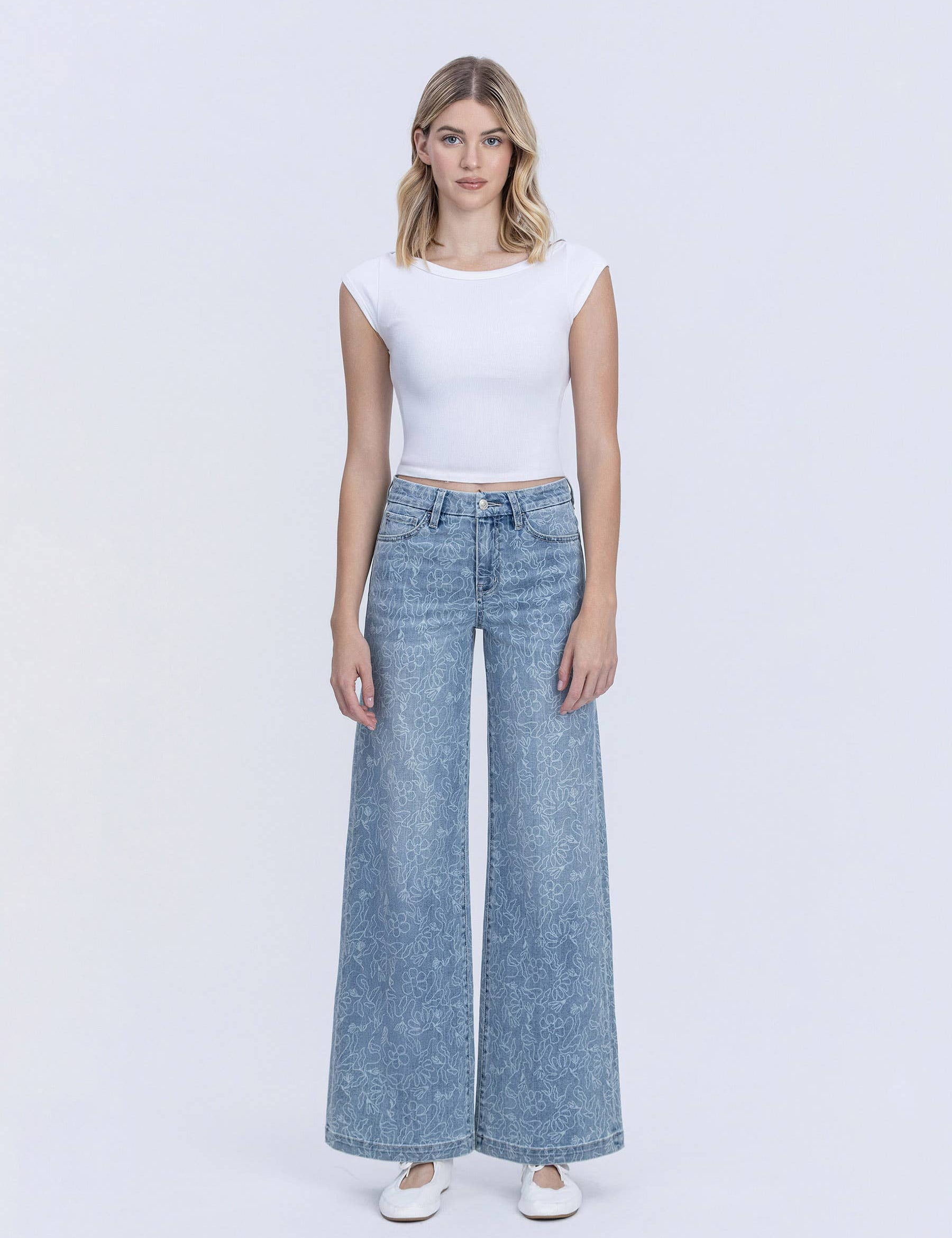HIGH RISE MEDIUM LIGHT FLORAL PRINT WIDE LEG JEANS T7335FPR: FLORAL PRINT / 24