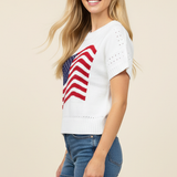 AMERICAN FLAG GRAPHIC KNITTED SWEATER TOP - 7254WS: White / L