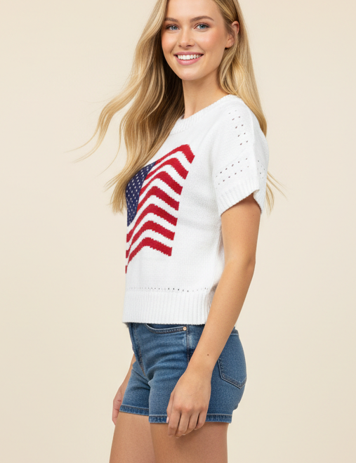 AMERICAN FLAG GRAPHIC KNITTED SWEATER TOP - 7254WS: White / L