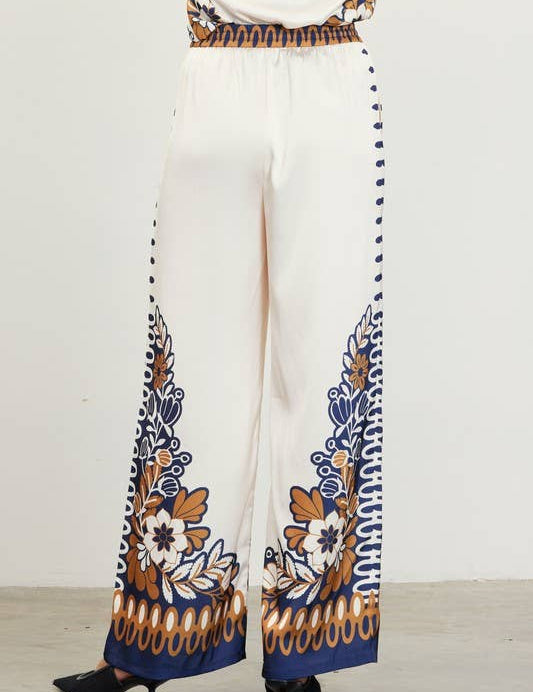 Floral Border Satin Pants: Mustard-Navy / XS