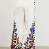 Floral Border Satin Pants: Mustard-Navy / M