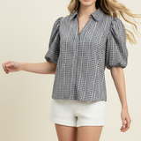 FLORAL GINGHAM BLOUSE TOP - 5707TD: Light Blue / M