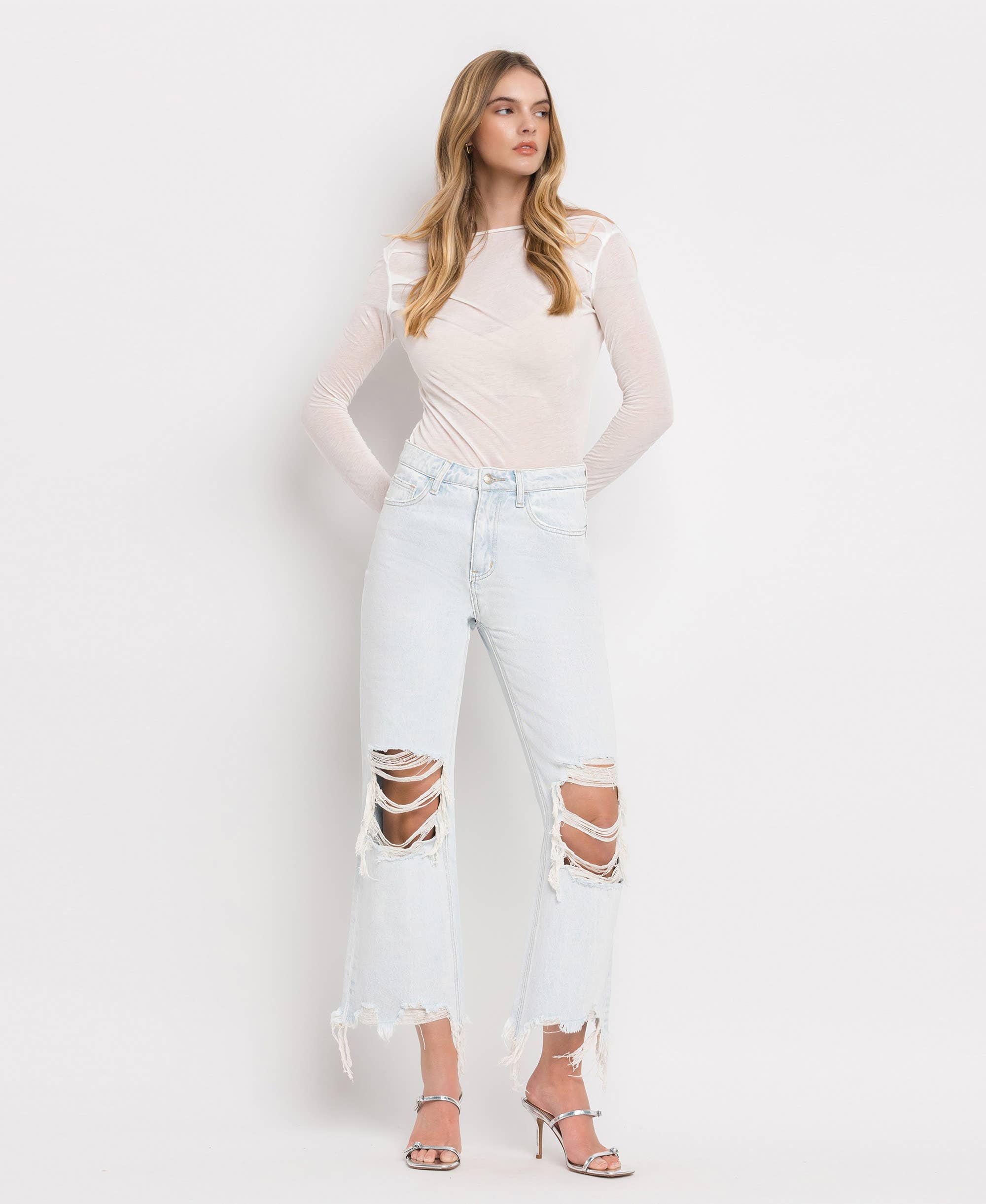 90'S VINTAGE SUPER HIGH RISE CROP FLARE JEANS V2471: NASHVILLE MOON / 29