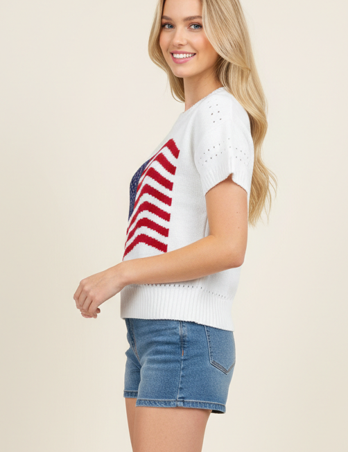 AMERICAN FLAG GRAPHIC KNITTED SWEATER TOP - 7254WS: White / L