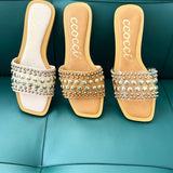 CHRISSY ROUND STUD EMBELLISHED SQUARE TOE SLIP ON SANDAL: White / A12