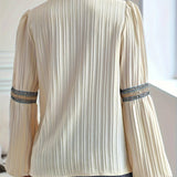 Balloon Sleeve Lace Panel V-Neck Shirt: OffWhite / S