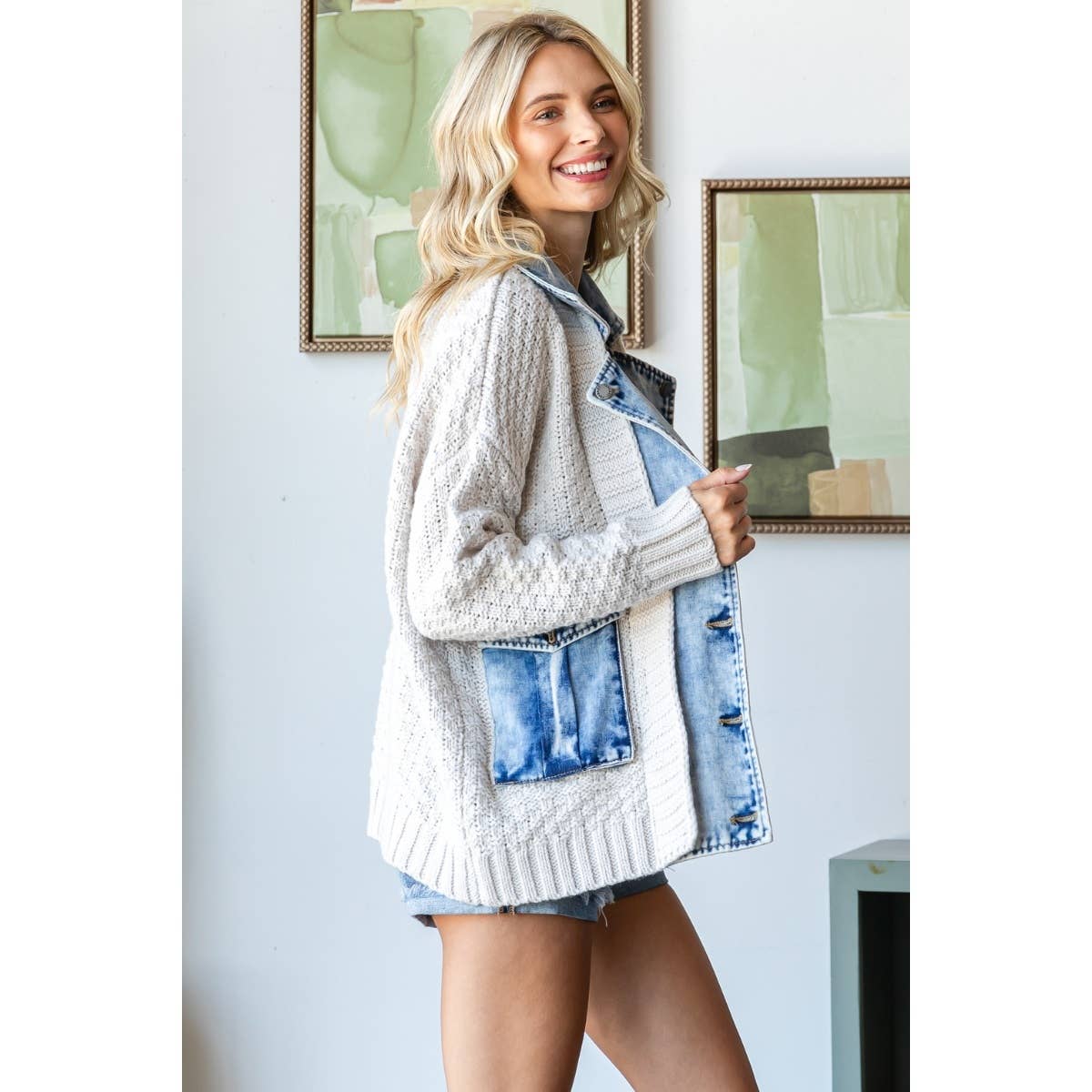Knit Body Denim Layerd Jacket: Cream / Denim / S