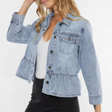 OPEN PACK CLASSIC FIT PEPLUM DENIM JACKET-KC7369L: LIGHT / L