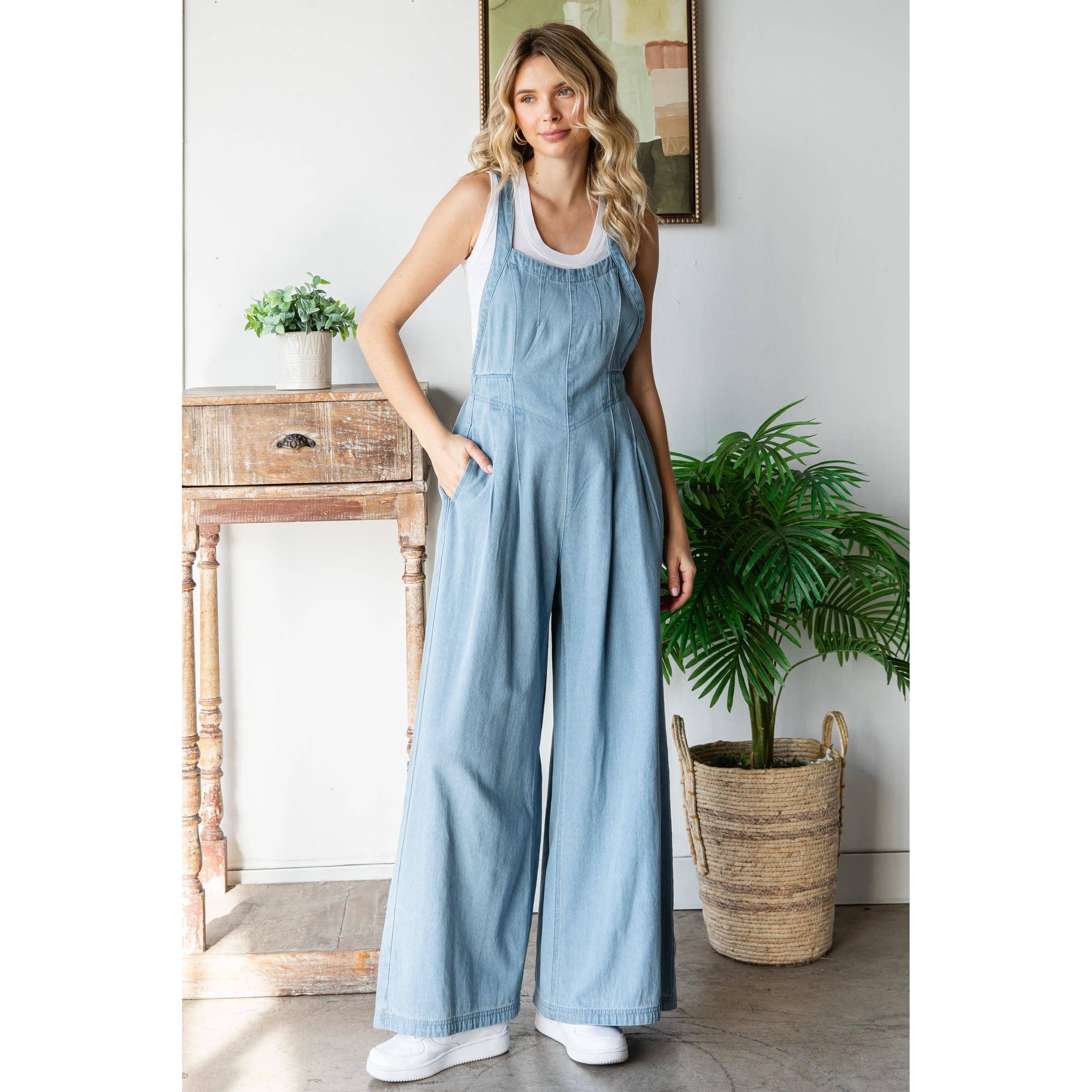 Pleated Denim Overall with Pockets