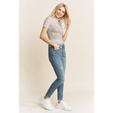 MESH LACE HIGH NECK DESIGN SHORT SLEEVE FITTED TOP: Caramel