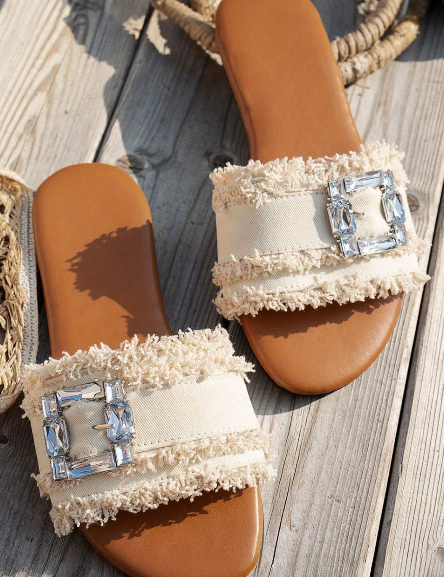 Frayed Wide Band Rhinestone Buckle Detail Slippers