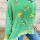 Bright Green Twisted Rib St Patricks Day Sequin Patch Graphic Long Sleeve Top: Bright Green / 75%Polyester+20%Viscose+5%Elastane / S