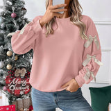 Crew Neck Pullover Top 3D Bowknot Trim Loose Sweatshirts: Red / 100%polyester / L